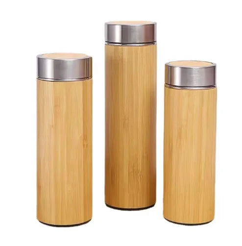 Custom Logo 450ml Bamboo Travel Mug Outdoor Portable Stainless Steel Thermos Cup Cycling Sports Water Bottle