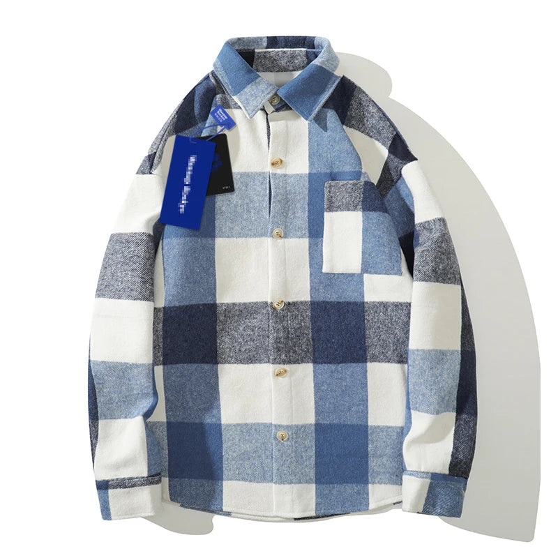 American Street Stitching Lapel Joker Shirt Jacket Fashion Casual Plaid Shirt Jacket for Men Check Cotton Shirt Jacket