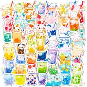 Newly 50PCS Colorful Cute Beverage Boba Tea Cartoon Drink Pearl Milk Tea Sticker