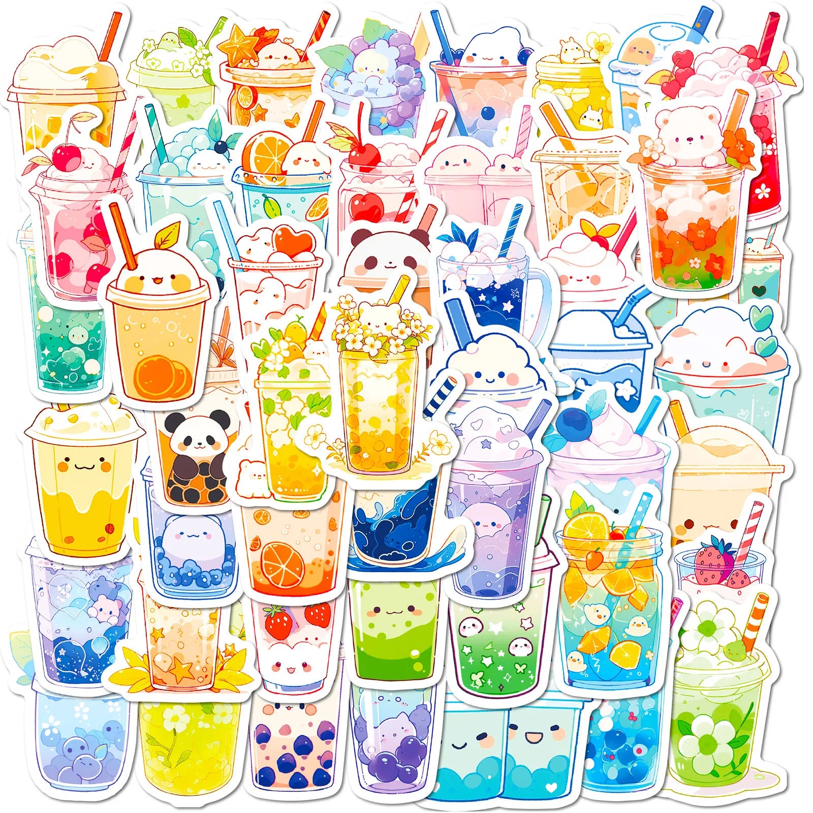 Newly 50PCS Colorful Cute Beverage Boba Tea Cartoon Drink Pearl Milk Tea Sticker