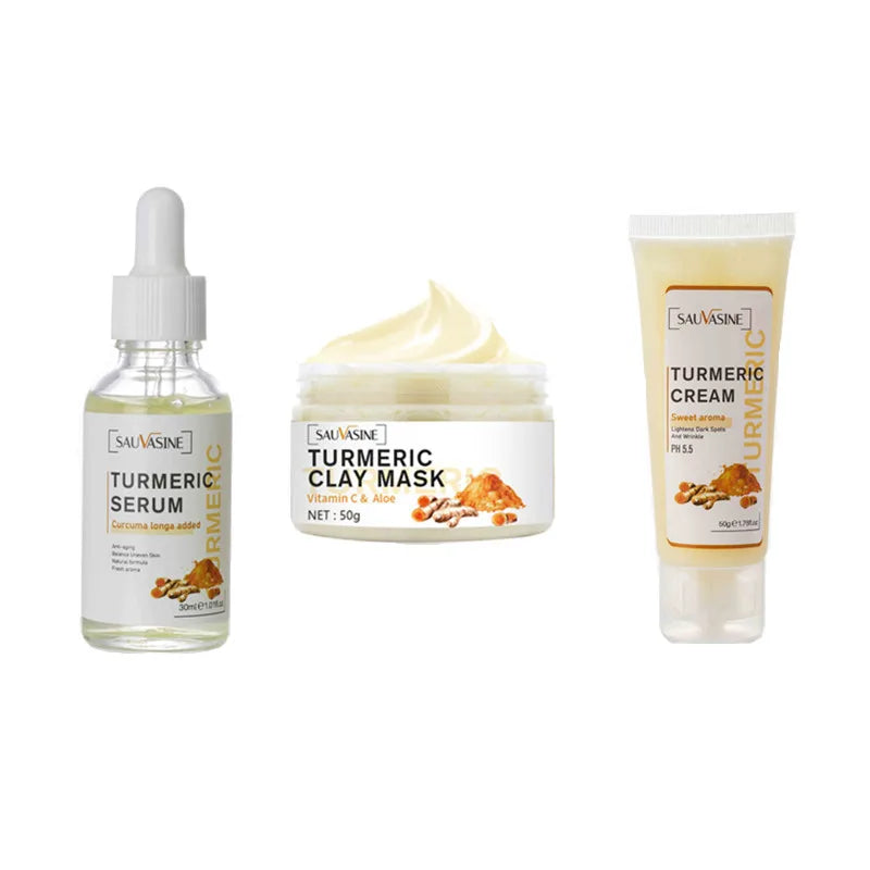 SAUVASINE Skin Care Set Turmeric Anti Aging Uneven Skin Balancing Improving Serum Vitamin c Clay Mask Face Wash Cleanser Kit
