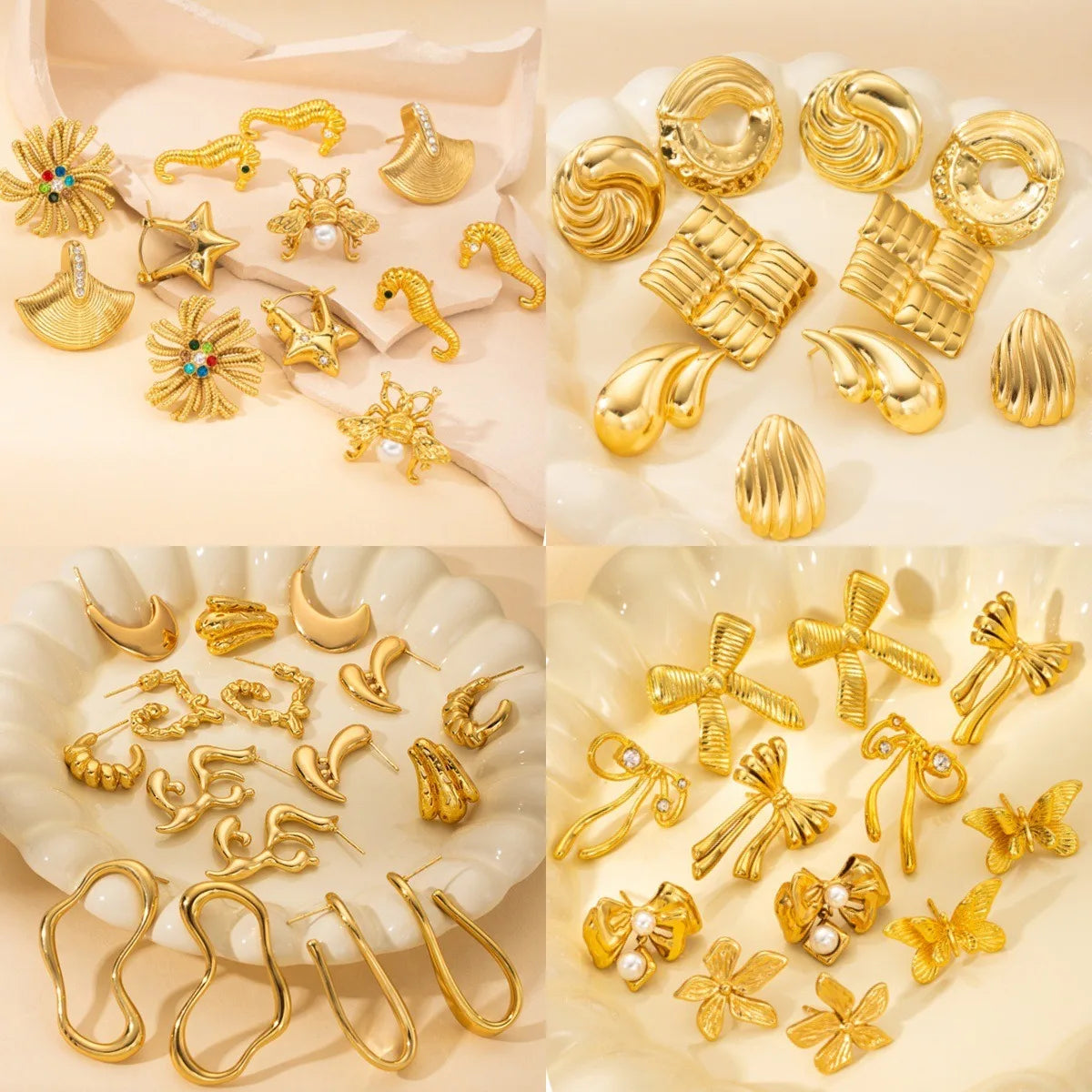 Wholesale Women's Trendy Stainless Steel Geometric Seashell Stud Earrings Waterproof Diamond Imitation Pearl for Party Occasions