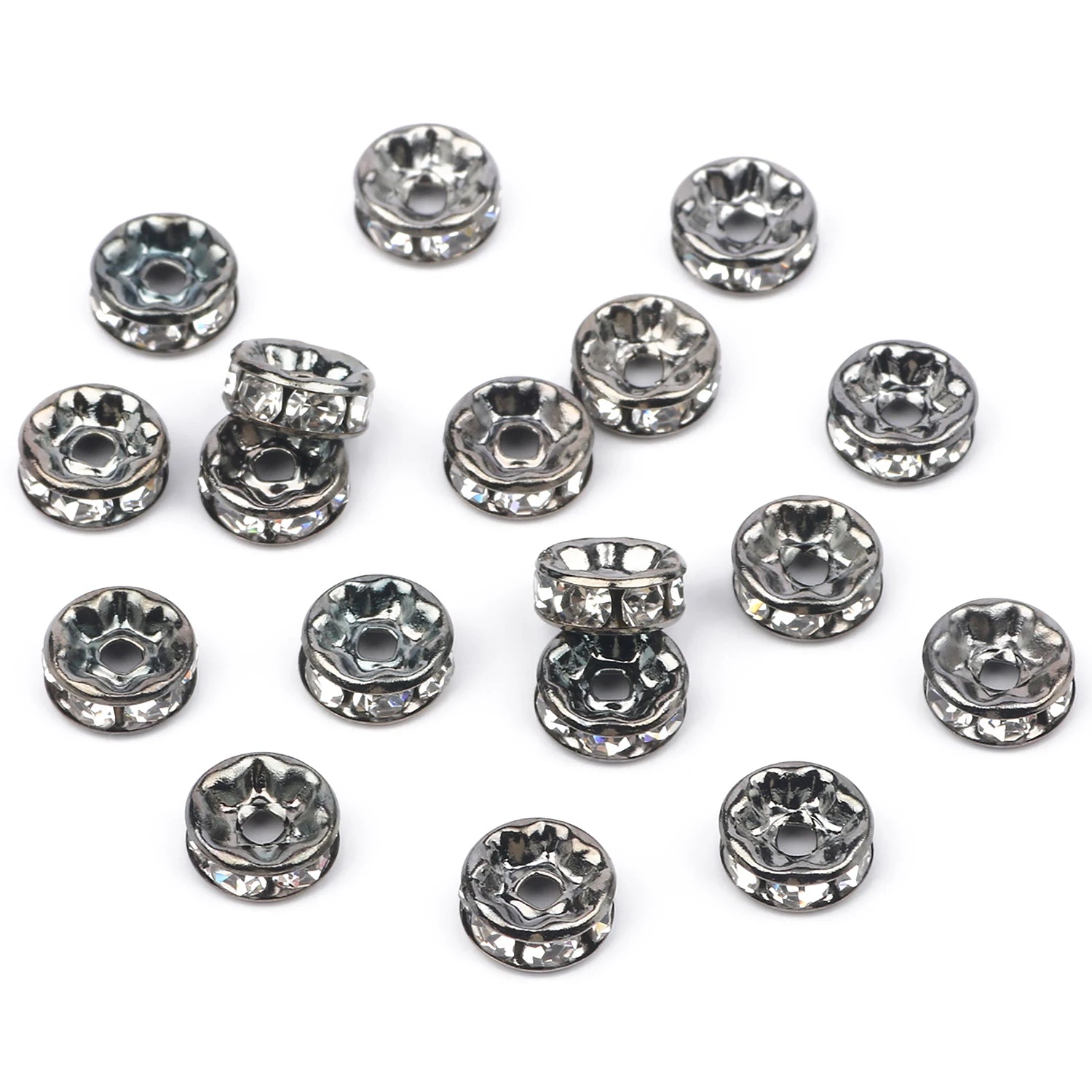 Wholesale 50pcs/bag 4/6/8/10mm Metal Crystal Rhinestone Gun Black Rondelle Spacer Beads ForJewelry Making