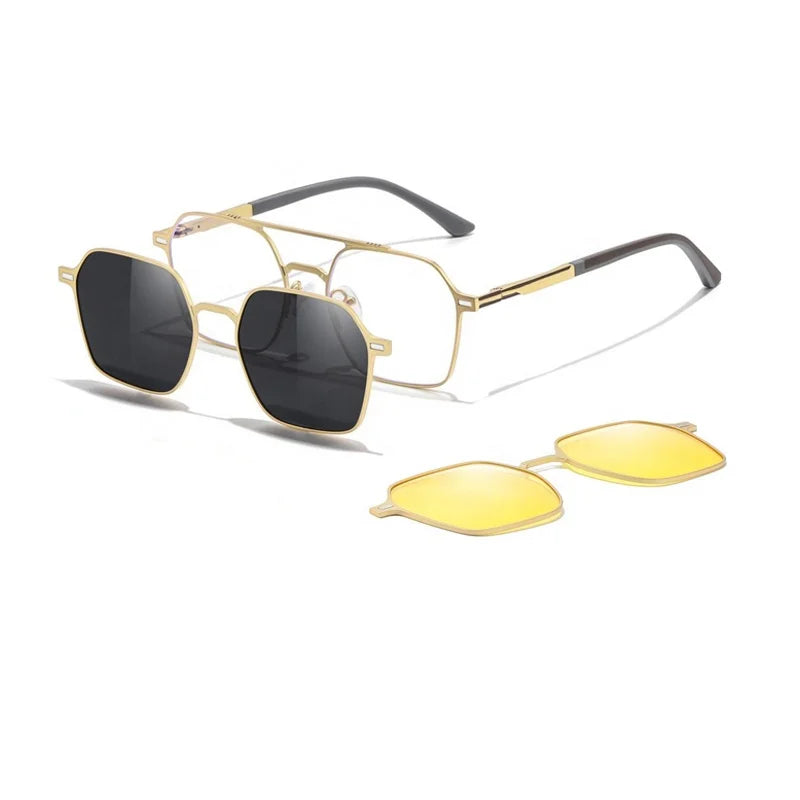 Men's Three-In-One Fashionable Hexagon Spectacle Frame Aluminum Magnesium Myopia Glasses with Magnetic Clip on Polarized Lenses