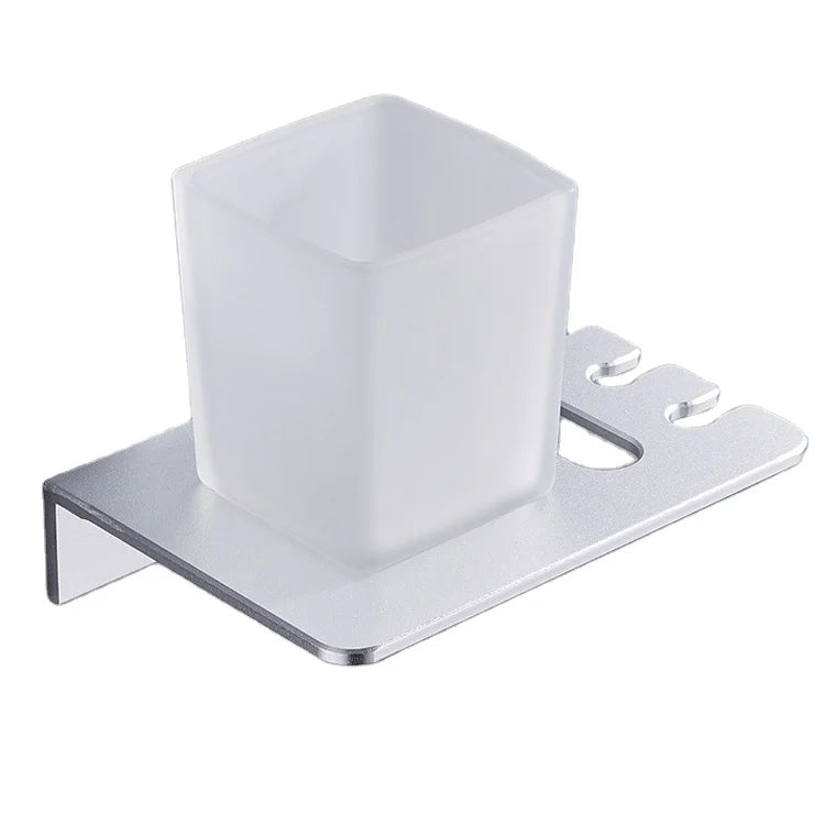 Modern Design Space Aluminum Toothbrush and Paste Dispenser Glass Cup Holder for Bathroom