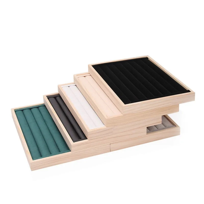 New Popular Grooved Natural Wood Multiple Colors  Velvet Jewelry Rings Gifts Display Tray Case Organizer