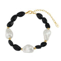 GMB63 Large Baroque Pearls and Rice Shaped Obsidian Bead 925 Sterling Silver Bracelet Adjustable Jewelry