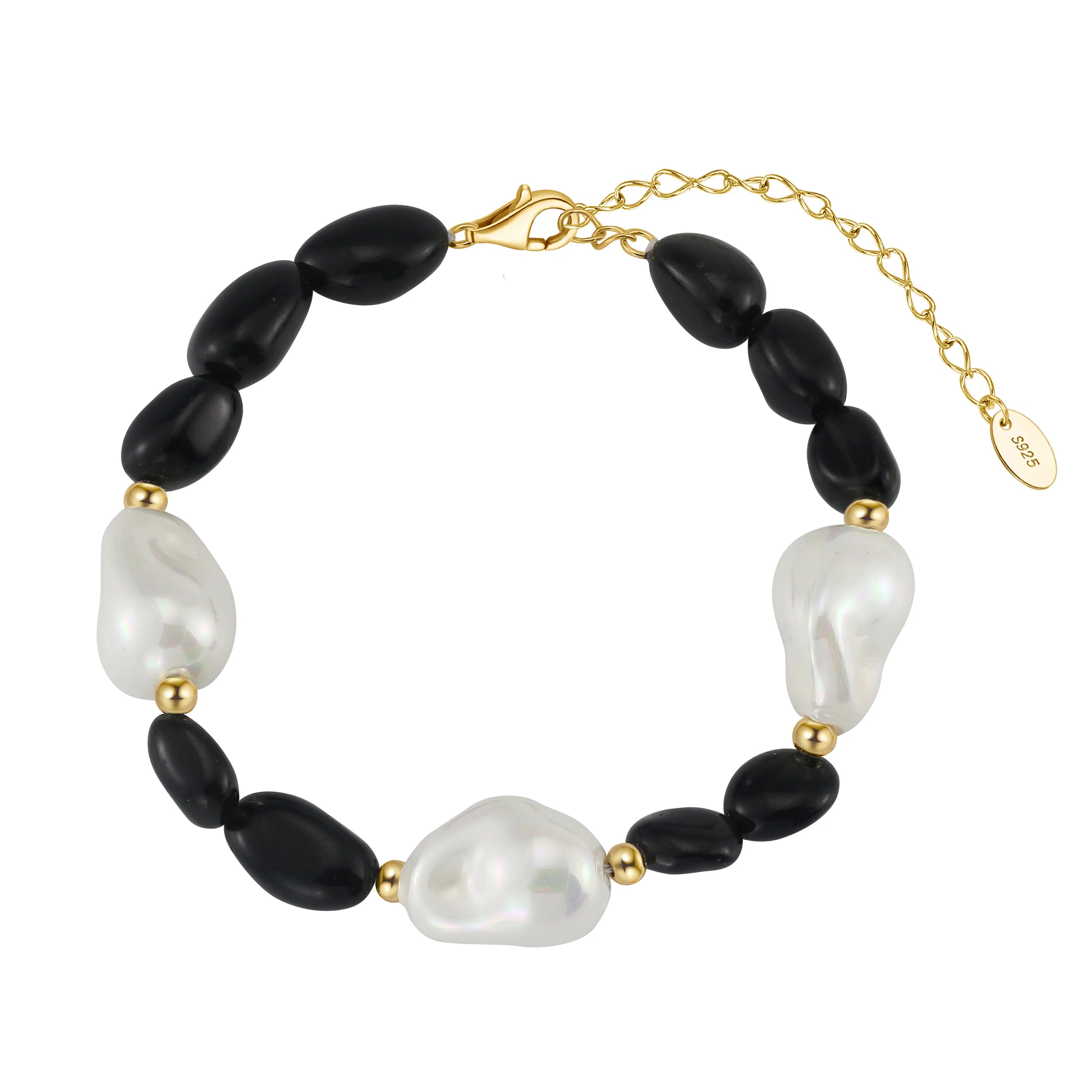 GMB63 Large Baroque Pearls and Rice Shaped Obsidian Bead 925 Sterling Silver Bracelet Adjustable Jewelry