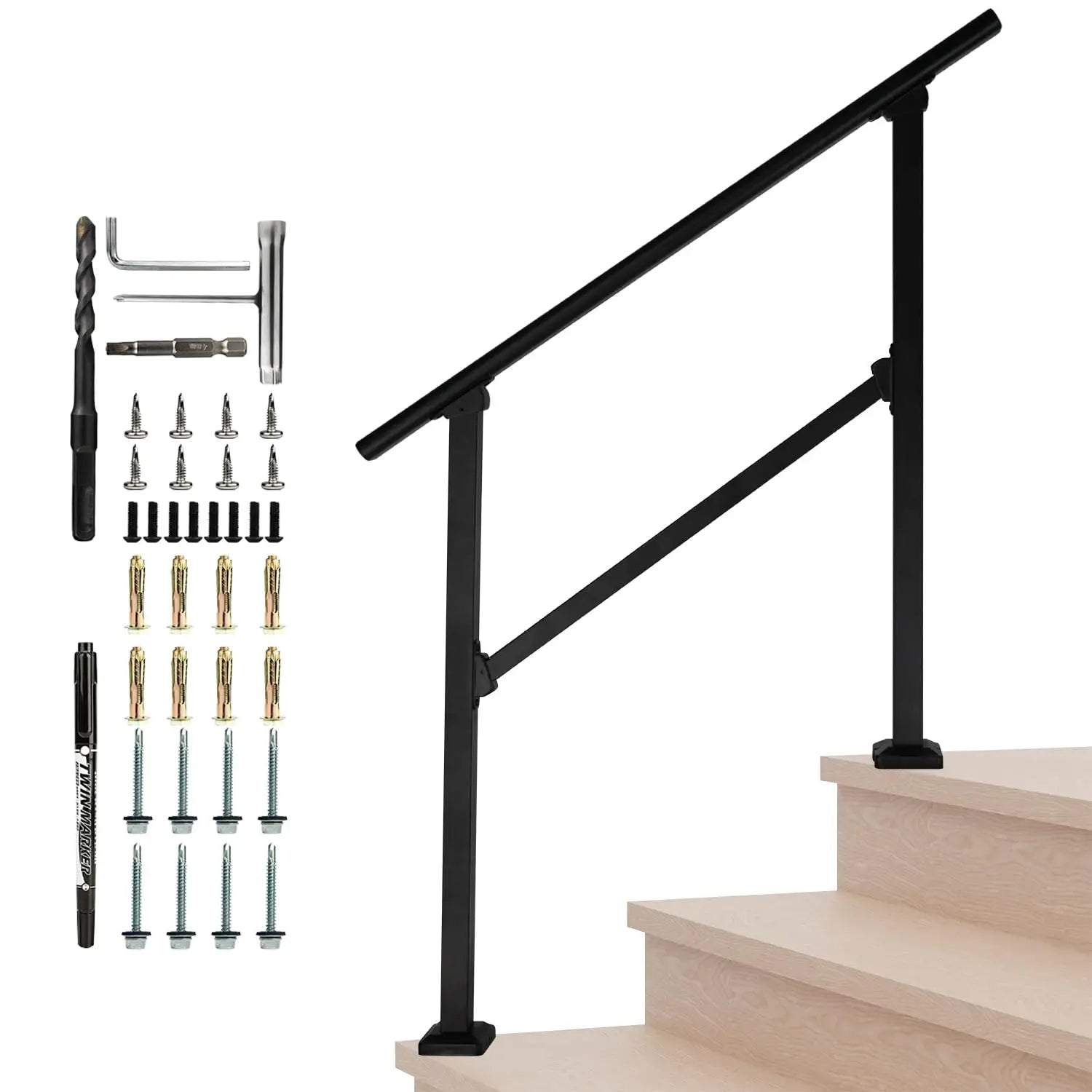 2-3 Step Handrail Floor Mounted Cast Iron Handrail Stair Rail Installation Kit Black Powder Coated Modern Design Outdoors Steps