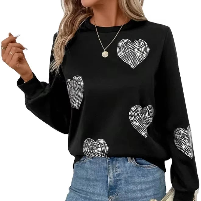 High Quality 100% Cotton French Terry Sweatshirt Wholesale Supplier Rhinestone Decorate Hearts Gems Sweatshirts for Women