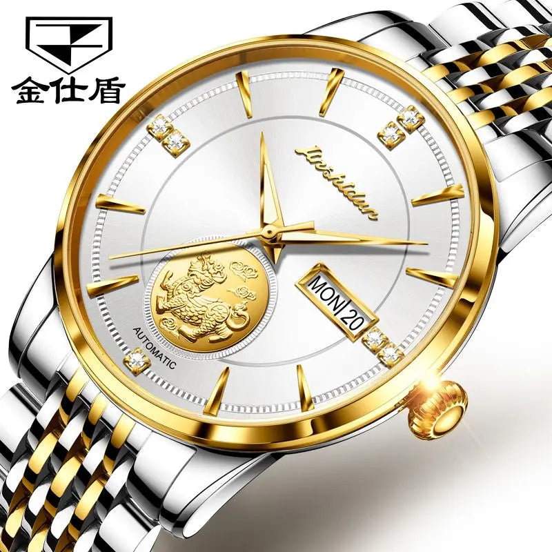 JSDUN 8846 Luxury Automatic Watch Men Real Gold PIXIU Sapphire Crystal Mechanical Wristwatch Stainless Steel Watches for Mature