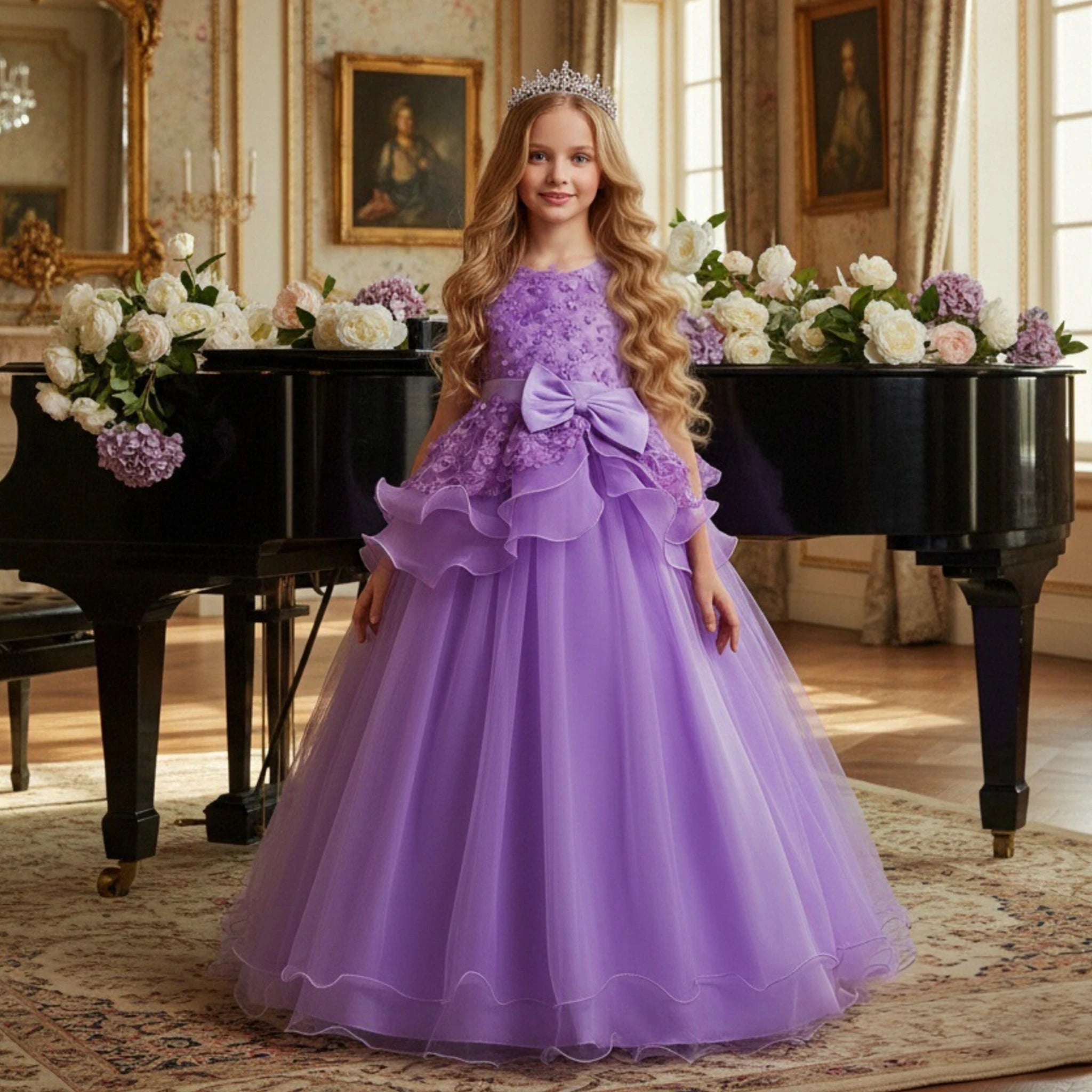 Elegant Style Flower Girl Wedding Gown Layered Modeling Kid Evening Party Dress pink Girl Princess Dress for 10 Years