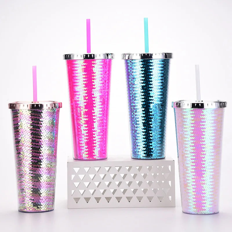 24oz Double Wall Drinking Tumbler Cups in Bulk Bling Exquisite Colorful Glitter Tumbler With Lid and Straw