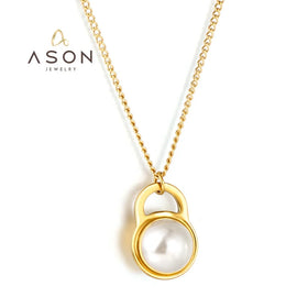 Ason Fashion Gift Jewelry French Design New Women Pearl Pendant Necklace Stainless Steel 18k Gold Plated Chain Charm Necklace