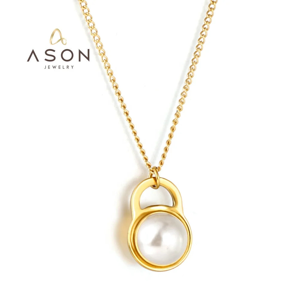 Ason Fashion Gift  Jewelry French Design New Women Pearl Pendant Necklace Stainless Steel 18k Gold Plated Chain Charm Necklace