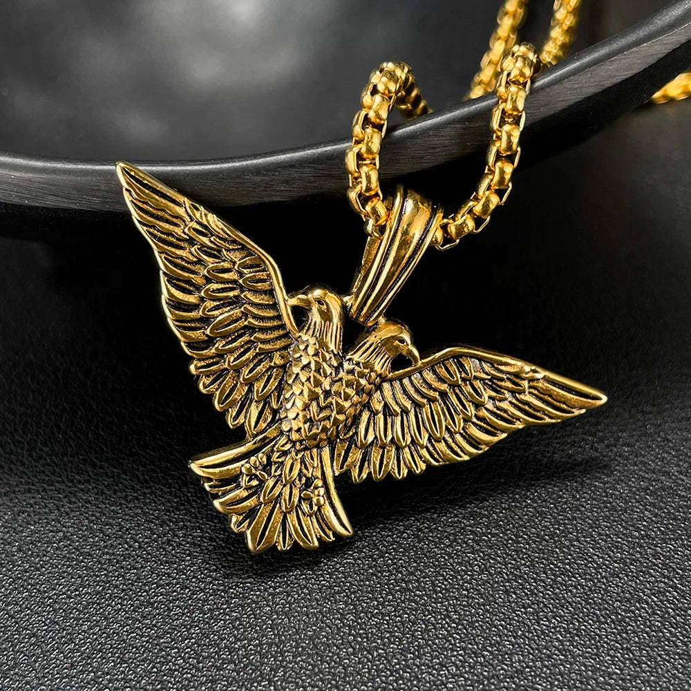 Trendy Fashion Nordic Viking 316L Stainless Steel Two-headed Hawk Pendant Necklace Titanium Steel Amulet Men's Necklace Jewelry