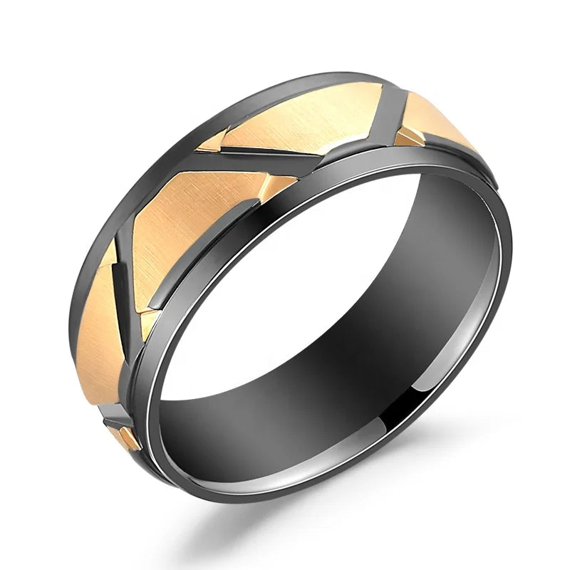 Customized Trendy Geometric Gold Black Two Tone Wedding Band Men's Ring 316 Stainless Steel Chinese Leaf Style Gold Ring Jewelry