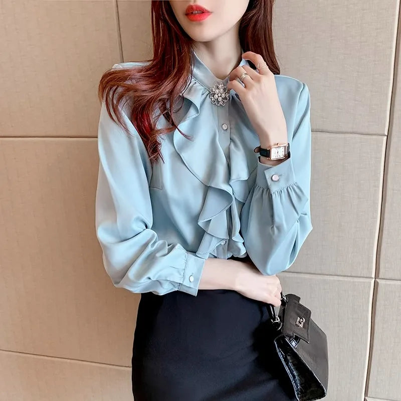 6598# Vintage Women Blouses Korean Style New Spring Autumn Long Sleeve Satin Shirts Female Blusas Mujer Tunic