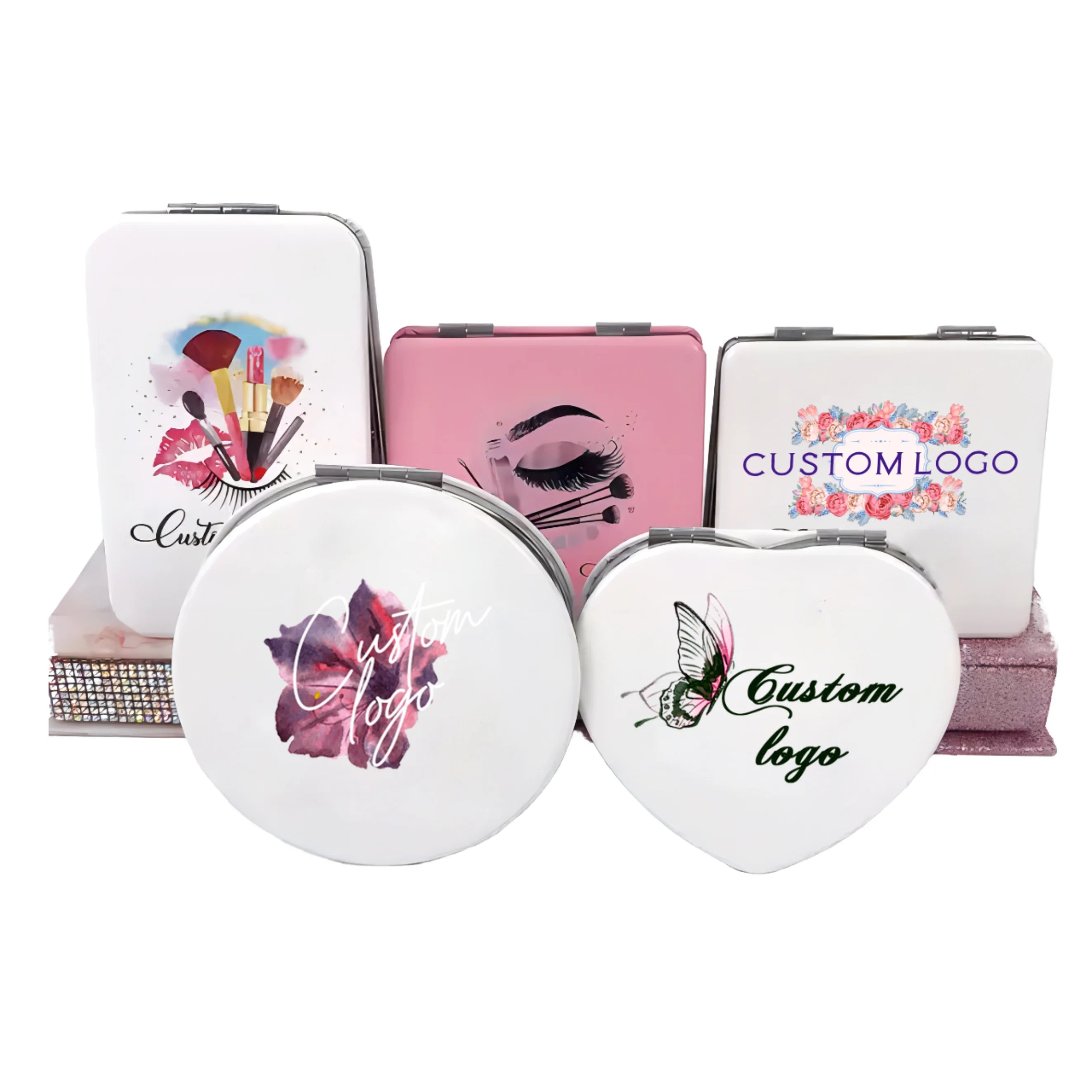 Zonyin Wholesale Hand Mirror Square Cosmetic Makeup Vanity Mirror Double Side Folding Pocket Heart Design Compact Mirror Custom