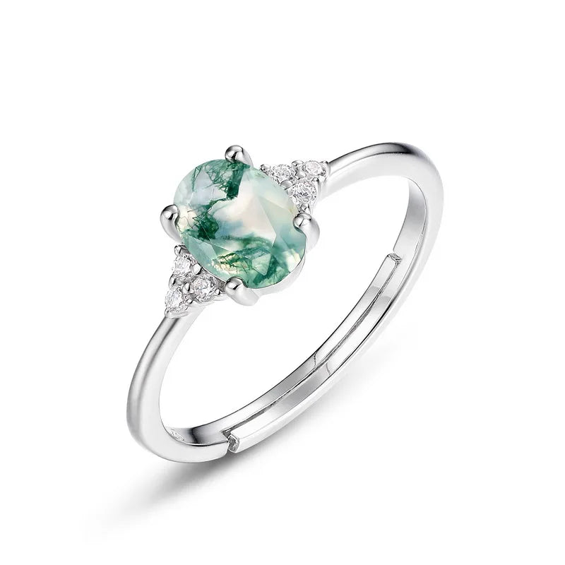 925 Silver Adjustable Four Prong Setting Oval Wedding Anniversary Green Agate Ring