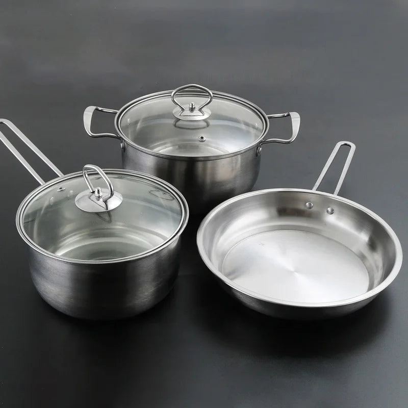 Modern Kitchen Stainless Steel 3-Piece Pot and Pan Set with Tempered Glass Lids Eco-Friendly Cookware for Home Use