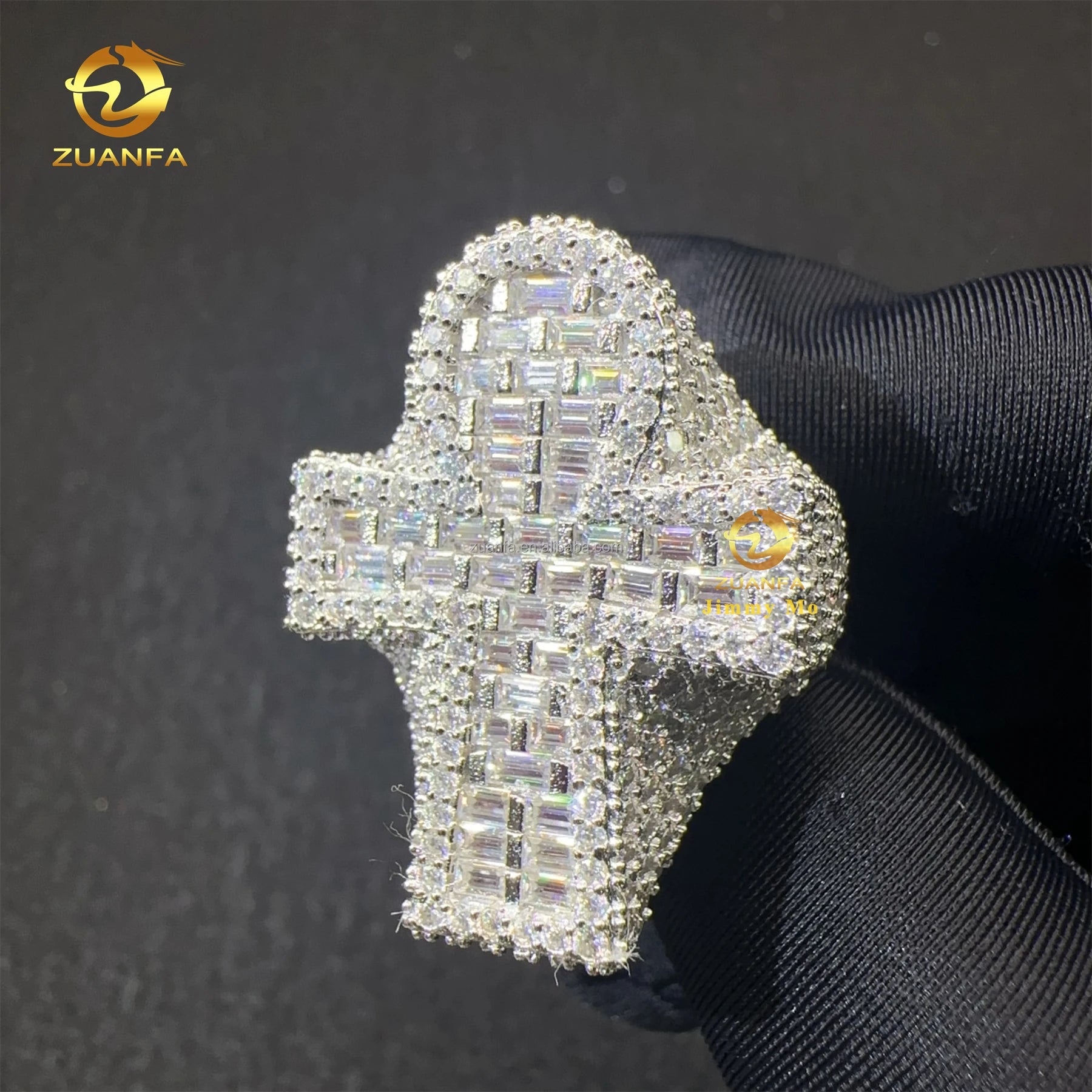 Bulk Stock Wholesale Price Fashion Man Jewelry Iced Out baguette VVS1 Moissanite Diamond  925 Solid Silver Hip Hop Cross Ring