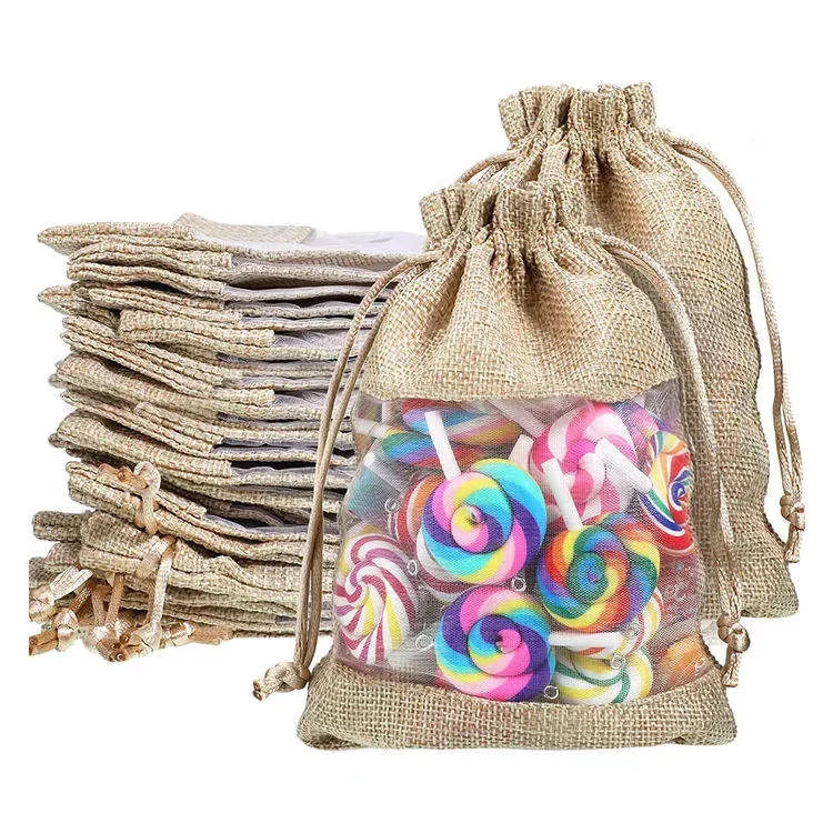 Wedding Party Favors Eco-friendly Camel Mesh Pouch Burlap Bags Drawstring Goodies Cosmetic Samples Natural Jute Material