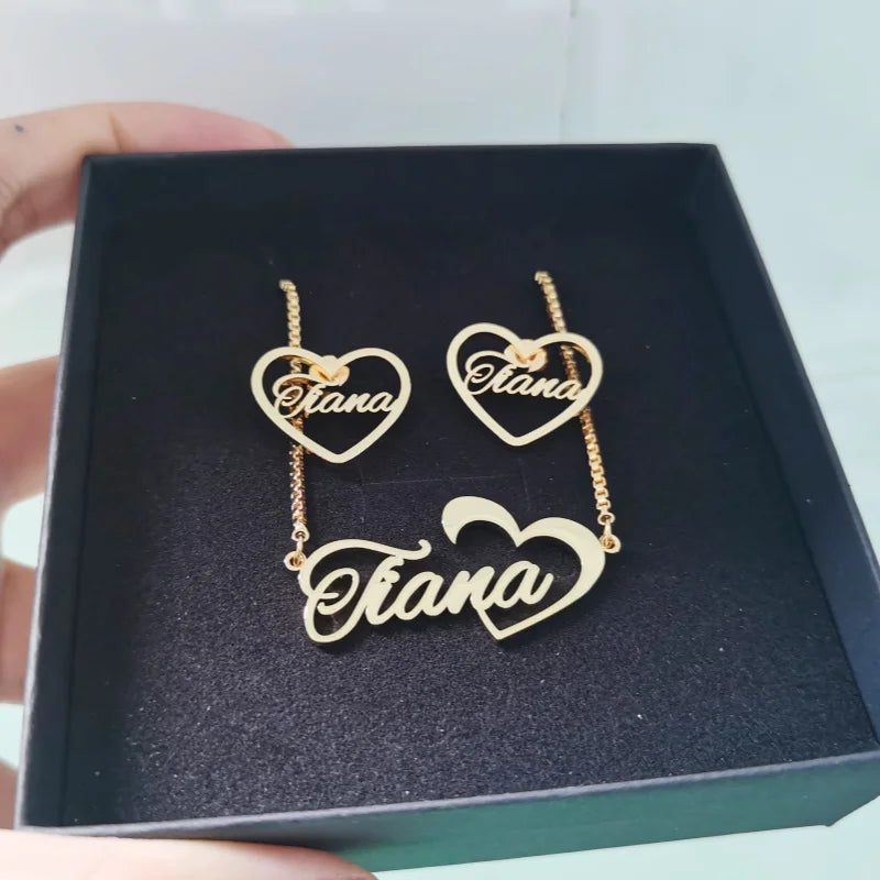 Qiuhan 20mm Heart Earrings Necklace Set Personalized Stainless Steel Custom Name Jewelry Set