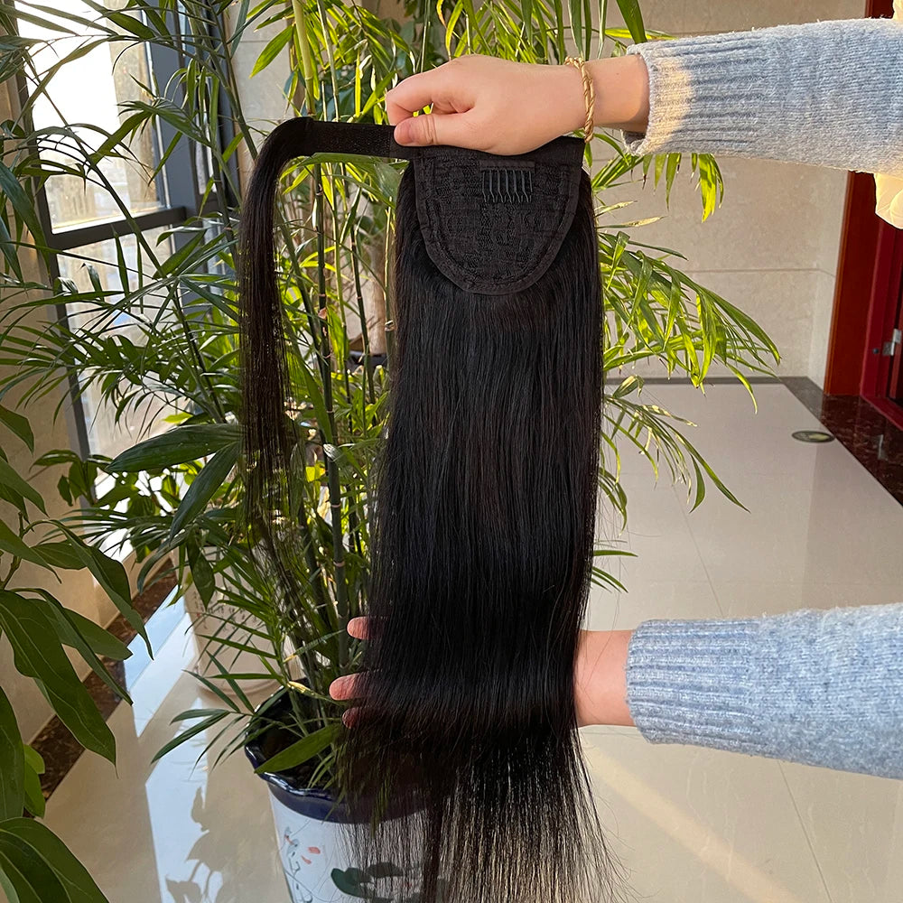 Silk Straight Human Clip in Hair Ponytail Hair Pieces Wrap Around Remy 100% Human Hair Ponytails Extensions for Black Women