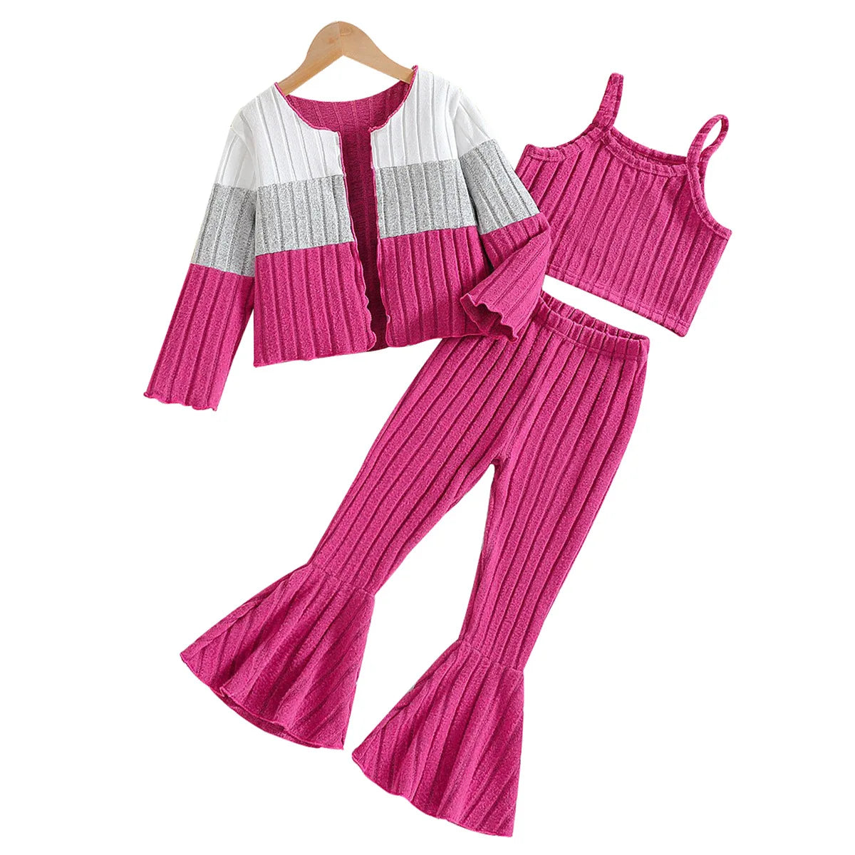 2025 Clothes Girls Solid Cami Top Open Front Coat Leggings 3Pcs Knitted Girl Outfits 8-12Years Casual Girl Clothes Set