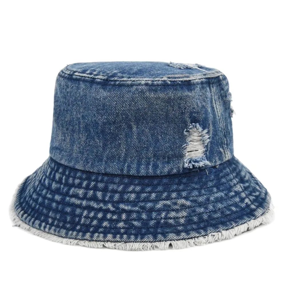 Custom Logo Summer Sun Fishing Cap Vintage Dyed Jean Denim Bucket Hat with Frayed Brim Washed Worn Design for Party Daily Use