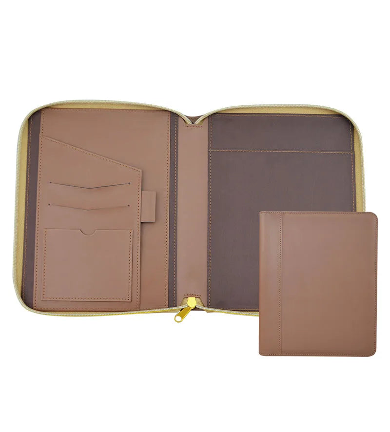 Modernqiu Custom logo  A5 PU Leather Zipperpadfolio with Logo Business File Folder Document Organizer