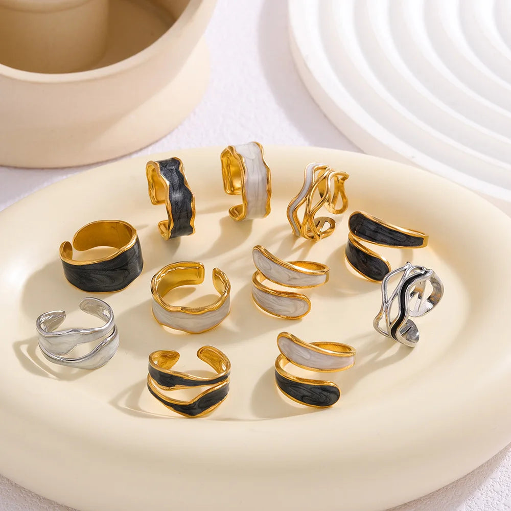 Cunyan 2025 Fashion Gold Plated Enamel Open Rings for Women Stainless Steel Adjustable Rings Wholesale Bulk