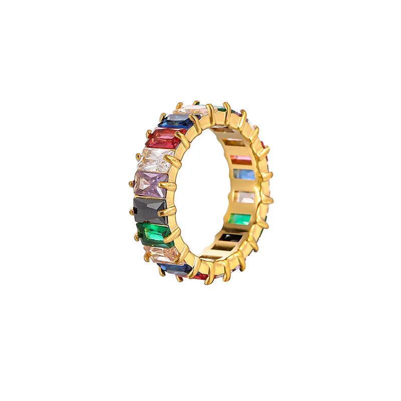 Fashion Stainless Steel Gold Zircon Beads Rectangle Inlay Middle Women Finger Ring China Manufacturer Supplier Wholesale Price