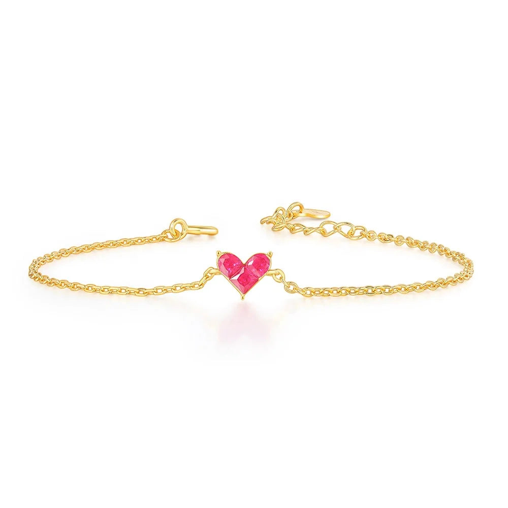 Pulseira De Prata Fine S925 Jewelry Delicate Cute Natural 5# Red Corundum Love Heart Charm Bracelet HI073