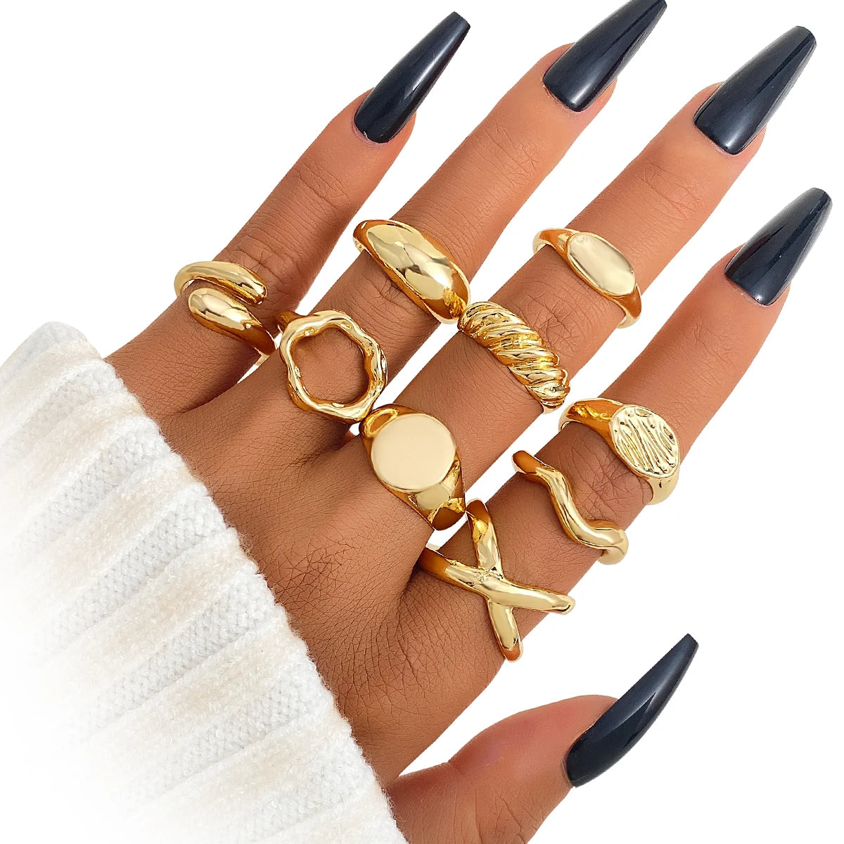 New Exaggerated Chunky Punk Gold Plated Geometric Open Finger Rings Set for Women Jewelry Set