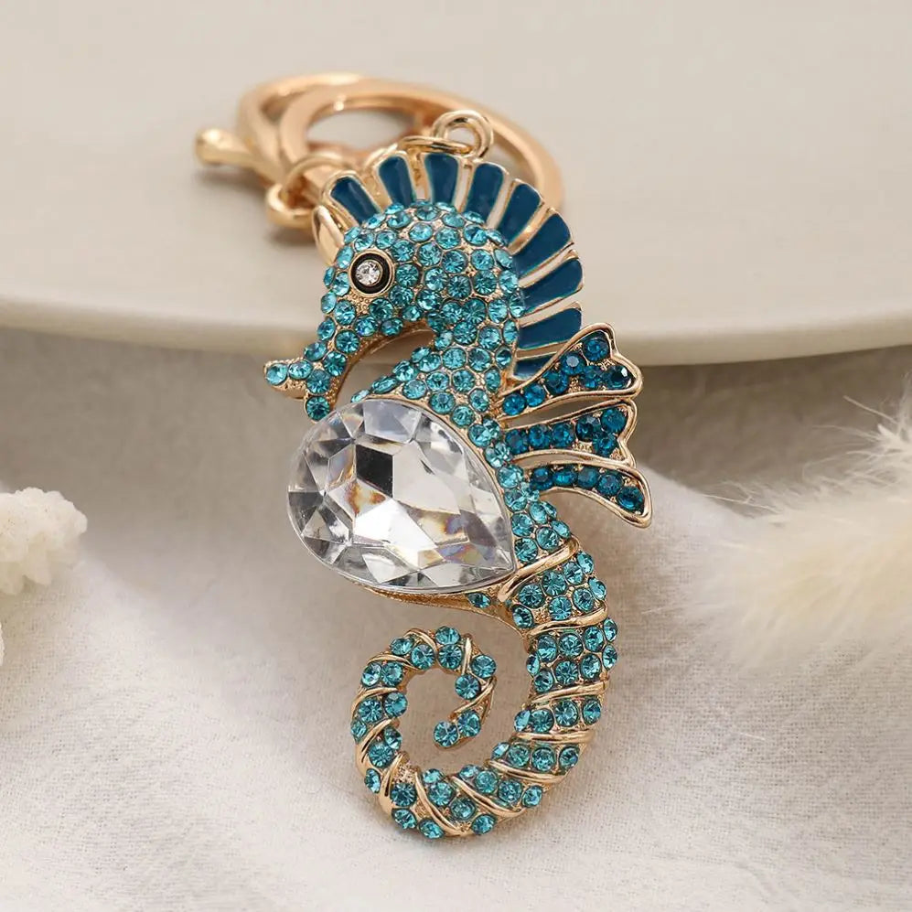 Wholesale Crystal Seahorse Keychain Sparkling Ocean Animal Sea Horse Metal Key Chains Rhinestone Key Holder Portachiavi Chaveiro