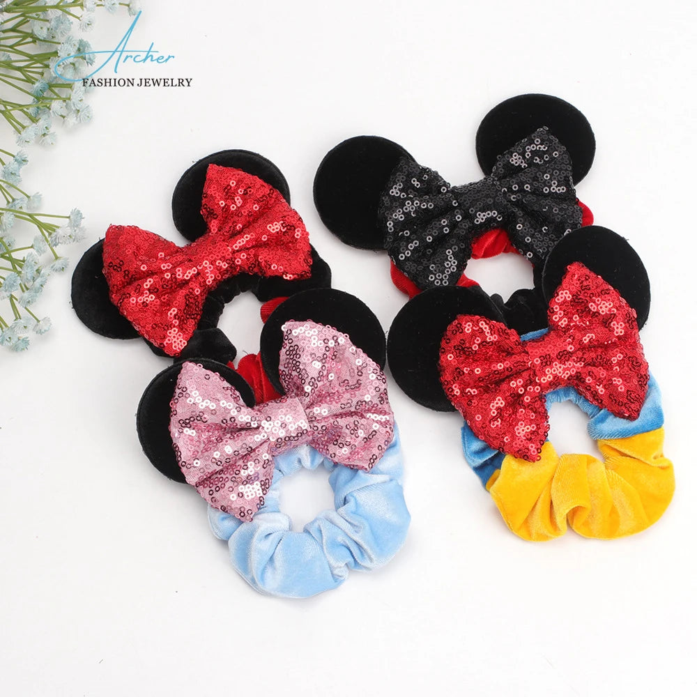 New Mickey Sequin Bow Collarhair Ring Fabric Patchwork Color Princess Hair Ornament Sweet and Lovely Children's Headwear