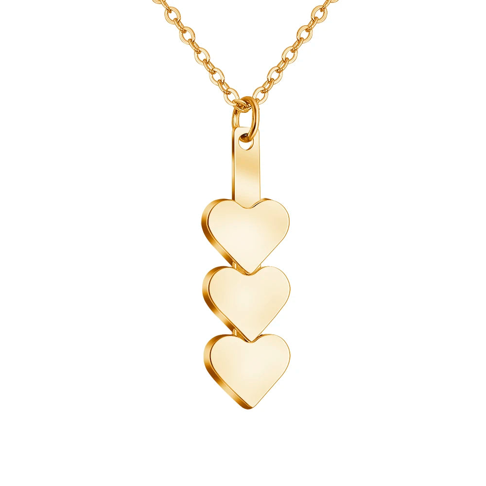 Highly Polished 3 Hearts Pendant Necklace Gold Plated Engraveable Brass Trendy Link Chain for Anniversary