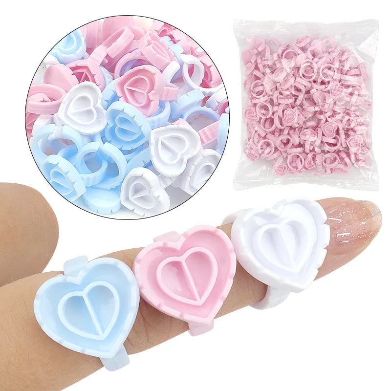 Pink/blue/white Eyelash Glue Cup 100pcs/bag Easy Fan Cup Lash Extensions Ring Heart Shaped Glue Rings