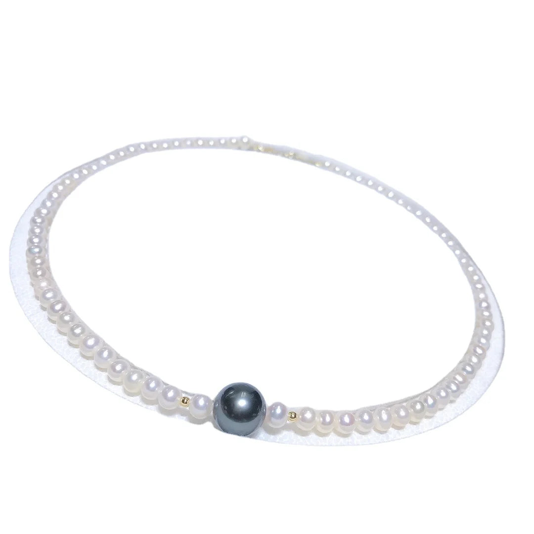 Hot Selling 5-6mm White Natural Freshwater Pearl S925 Silver 11-12mm Tahitian Black Color Pearl Necklace Jewelry for Woman