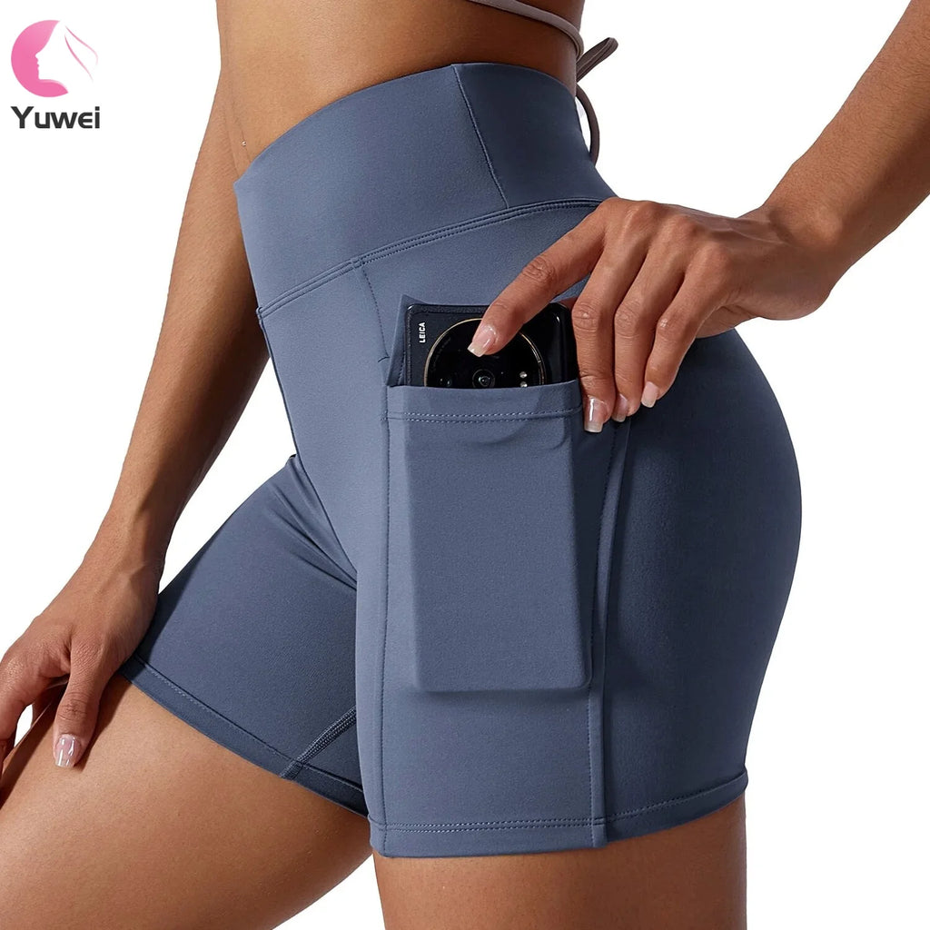 Women's High Waist Quick Dry Running Fitness Shorts with Work Pocket Custom Logo Solid Pattern-Soft Yoga Shorts