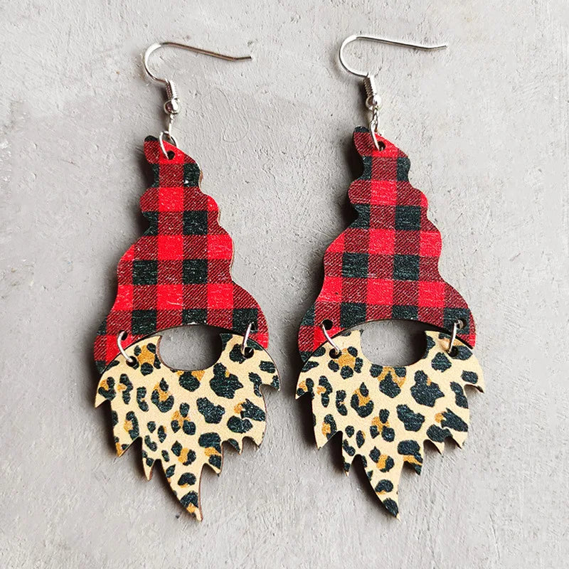 Wholesale Christmas Gift Jewelry Leopard Print Santa Simple Christmas Tree Pendant Wooden Earrings