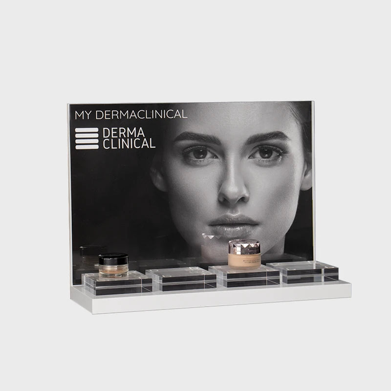 Wholesale Acrylic Cosmetics Holder with Printed Graphic Panel & Detachable Acrylic Blocks Modern Skincare Display Unit