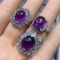 Big Amethyst Ring S925 Silver Plated Healing Crystal Ring Vintage Nepalese Lace Crystal Accessories