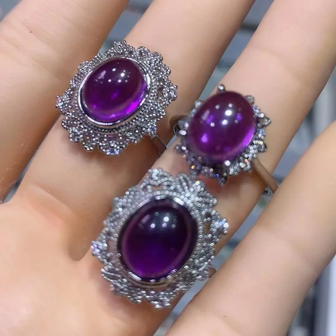 Big Amethyst Ring S925 Silver Plated Healing Crystal Ring Vintage Nepalese Lace Crystal Accessories