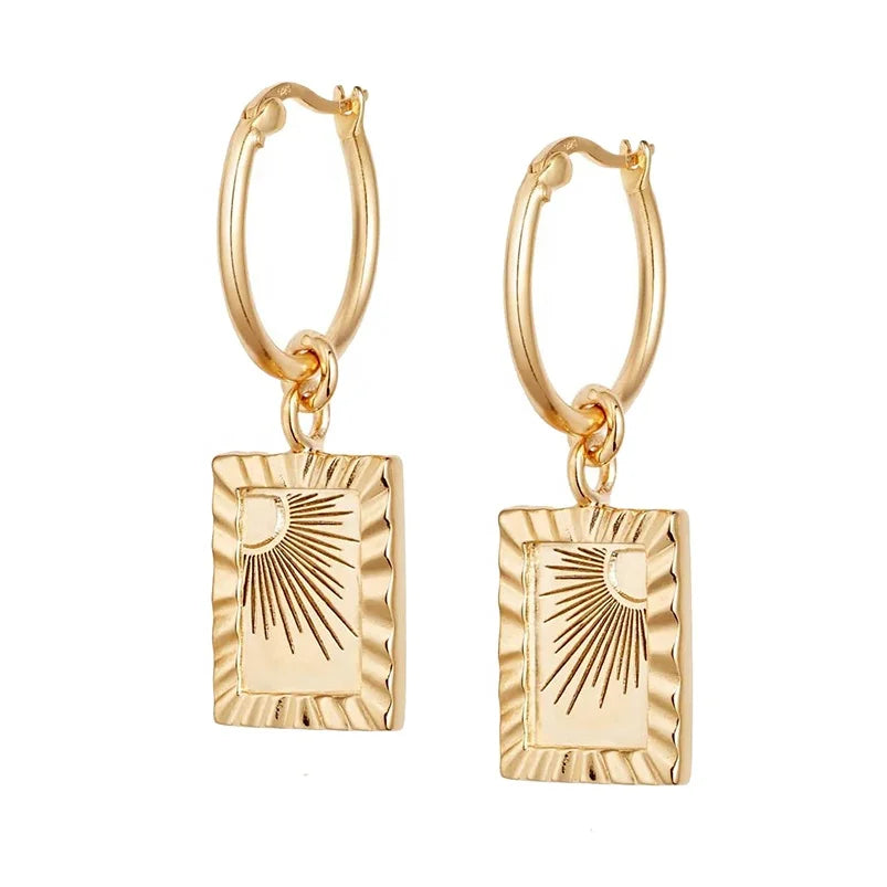Gemnel  Brass 18k Gold Plate Rising Sun Frame Tag Charm Earrings