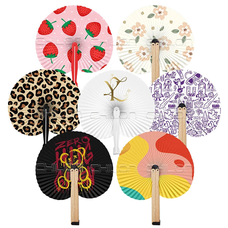 Promotion Gift Custom Print Round Hand Held Fan Paper Foldable Wood Hand Fan
