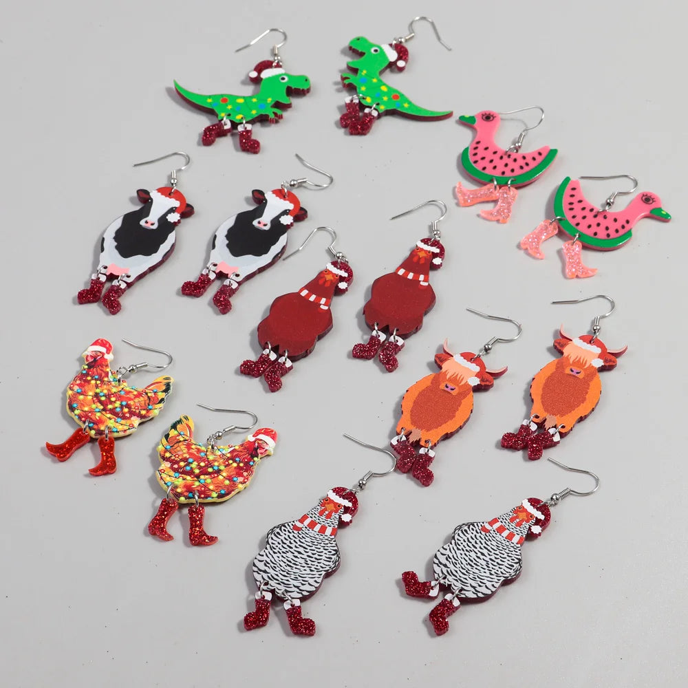 Jewelry Cute Cartoon Dinosaur Watermelon Duck Cow Xmas Lights Rooster Acrylic Glitter Boots Funny Acrylic Drop Earrings Mixed FS