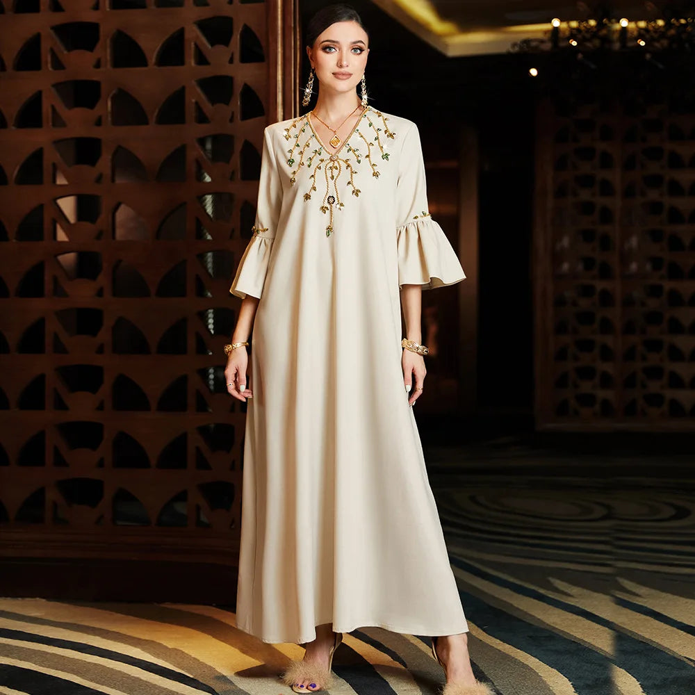 2023 Latest Design Dubai Abaya Solid Color V-neck Embroidered Ruffle Sleeves Maxi Dress Long Dress Abaya Women Muslim Dresses